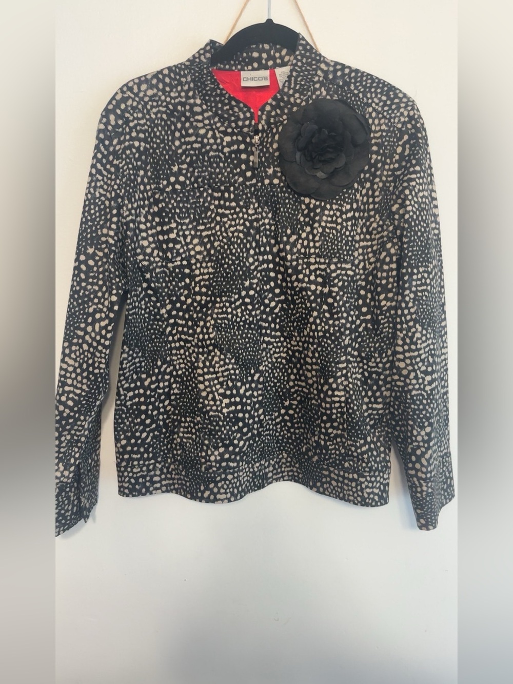 Chico's Black and Cream Printed Jacket with Floral Pin